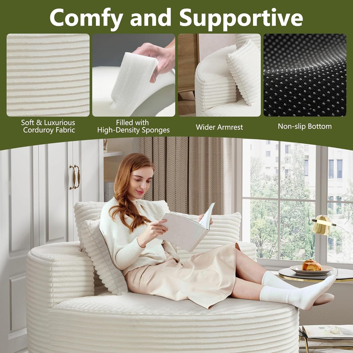 56''Oversized round Chair Lounge Chaise Indoor, Modern Upholstered Corduroy Cloud Circle Chair with Deep Seat, Comfy Fluffy Sleeper Sofa for Living Room Bedroom No Assembly Required (Beige)