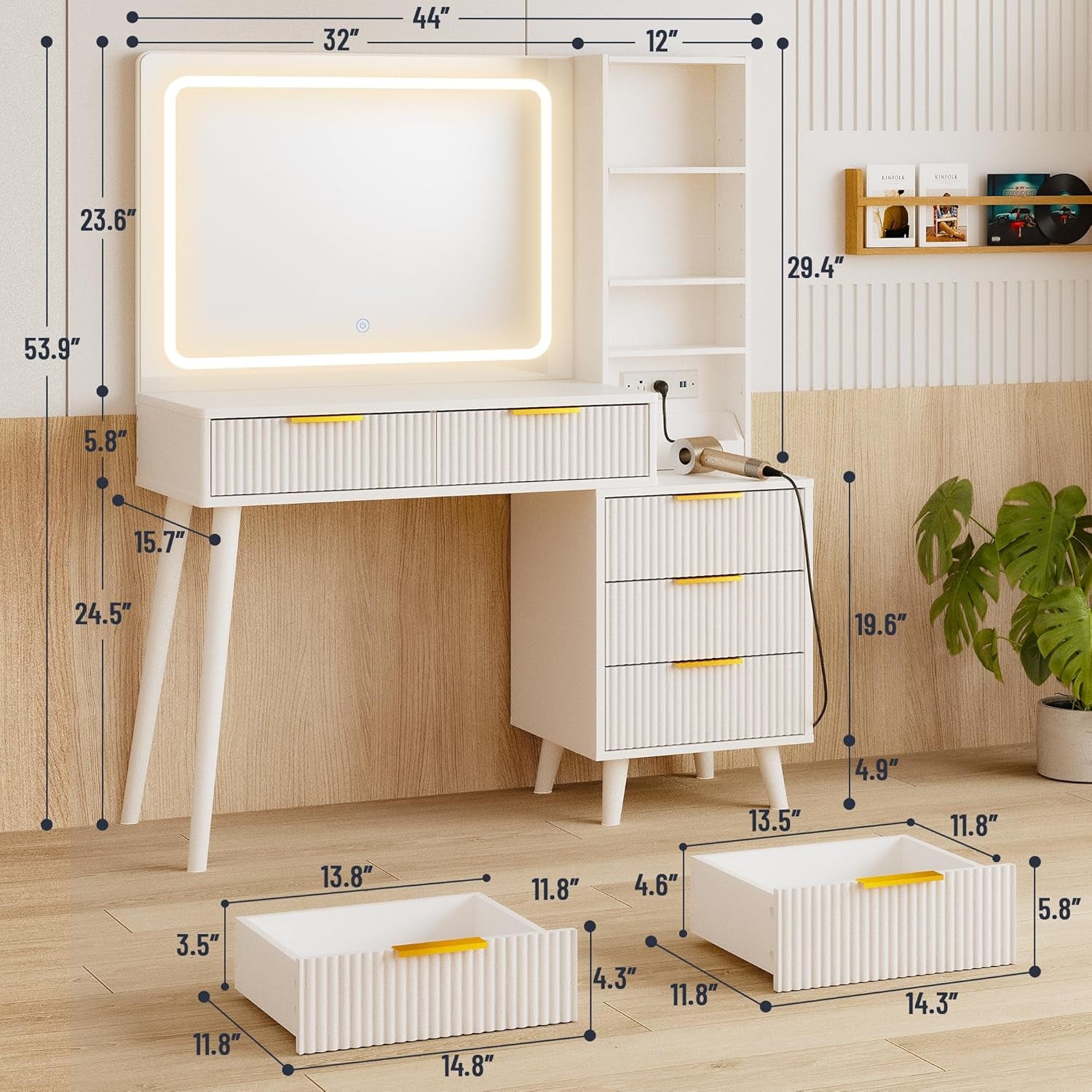 Vanity Desk with Mirror and Lights, Makeup Vanity Desk with Power Outlet, Makeup Desk with 5 Drawers&Storage Shelves, Vanity Table 3 Color Modes Adjustable Brightness Dressing Table Set for Bedroom
