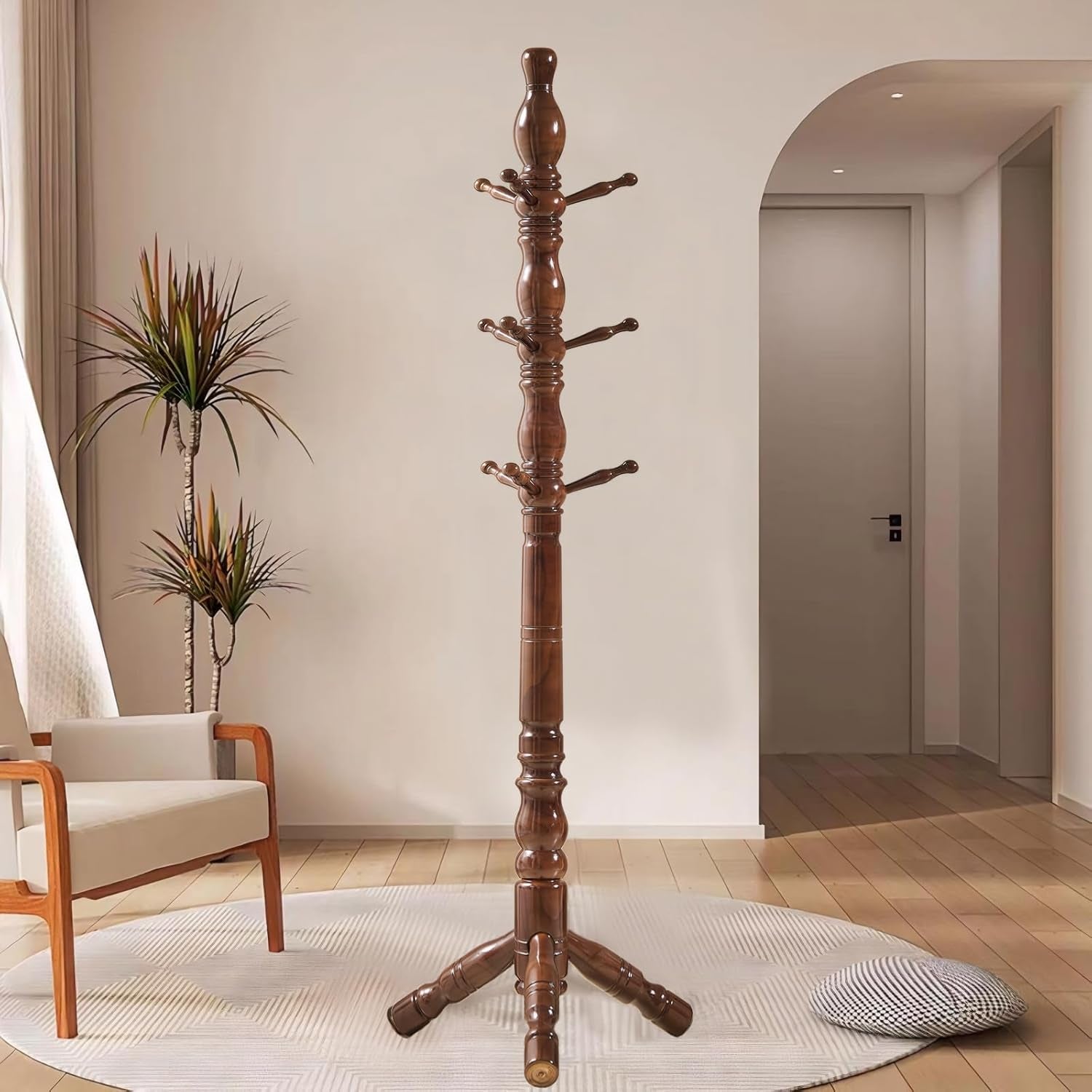 Coat Rack, Natural Wood Coat Racks with 3 Height Options and 9 Hooks,Coat Tree Ease of Assembly,Freestanding Hall Tree for Home/Office/Entryway/Hallway (Walnut)