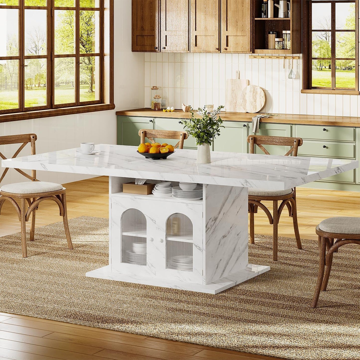 Dining Table for 4–6, 63" Modern Kitchen Dining Room Table with Storage Shelves & Acrylic Door Cabinet,Wood Rectangle Dinner Table with Faux Marble Top for Home Apartment, White Faux Marble