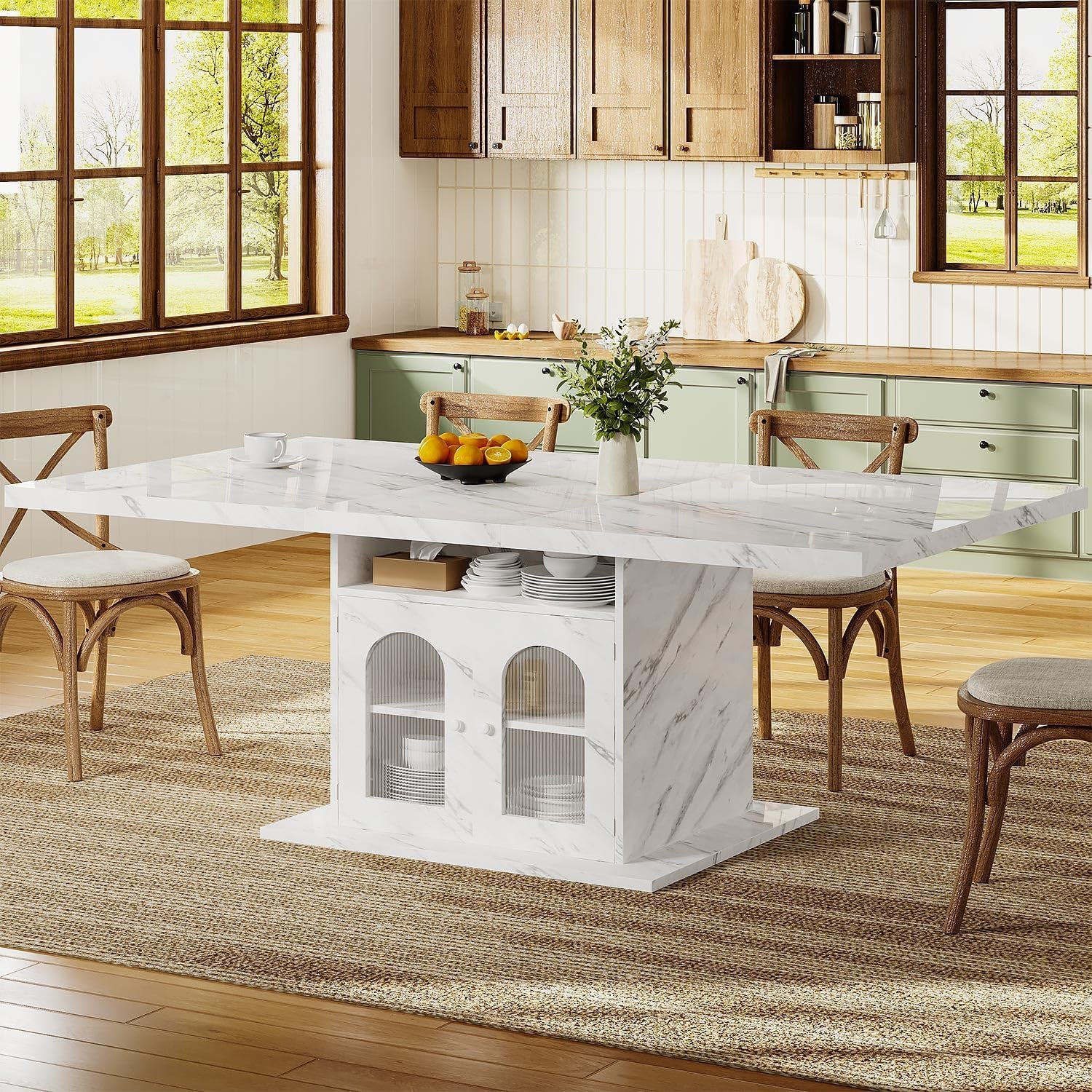 Dining Table for 4–6, 63" Modern Kitchen Dining Room Table with Storage Shelves & Acrylic Door Cabinet,Wood Rectangle Dinner Table with Faux Marble Top for Home Apartment, White Faux Marble