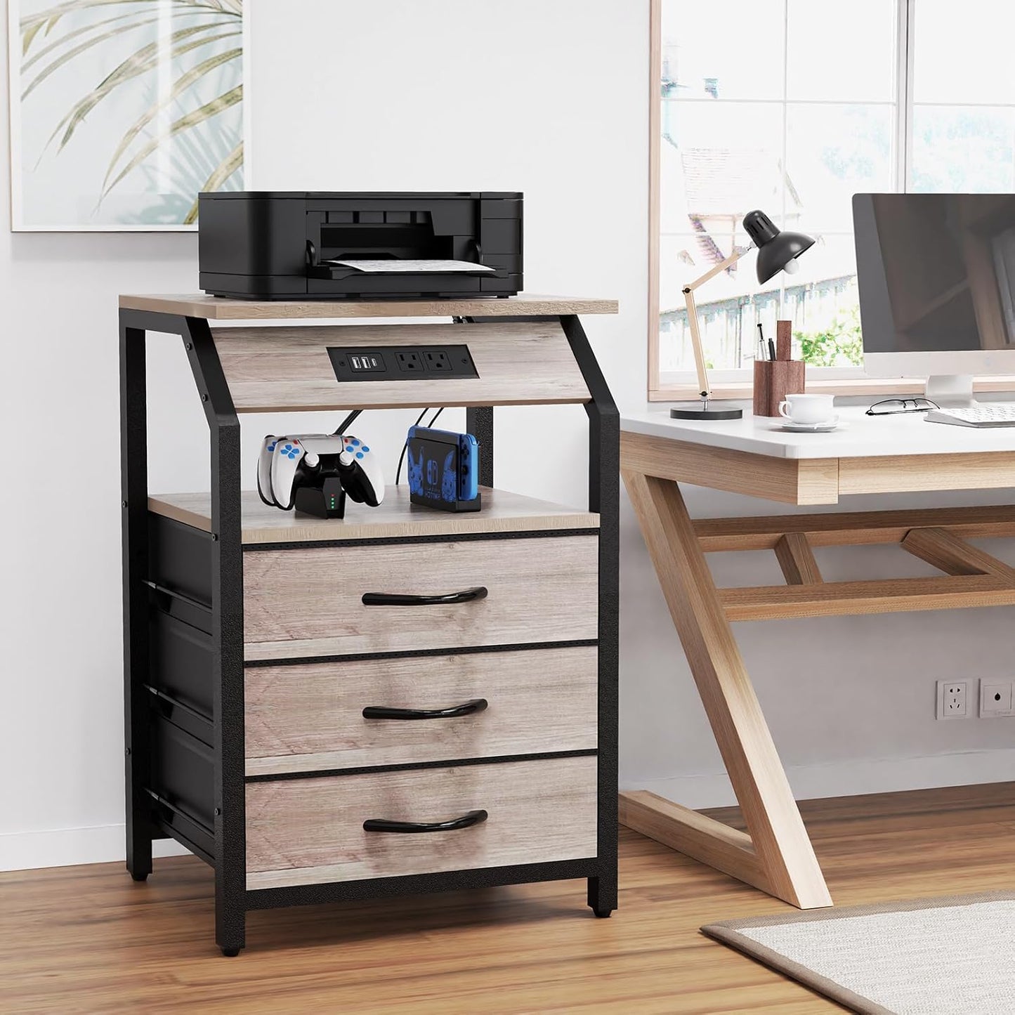 Night Stand Set of 2, Nightstands with Charger Station and LED Lights, End Tables Set with 3 Fabric Drawers, Storage Side Tables for Bedside, Living Room, Greige