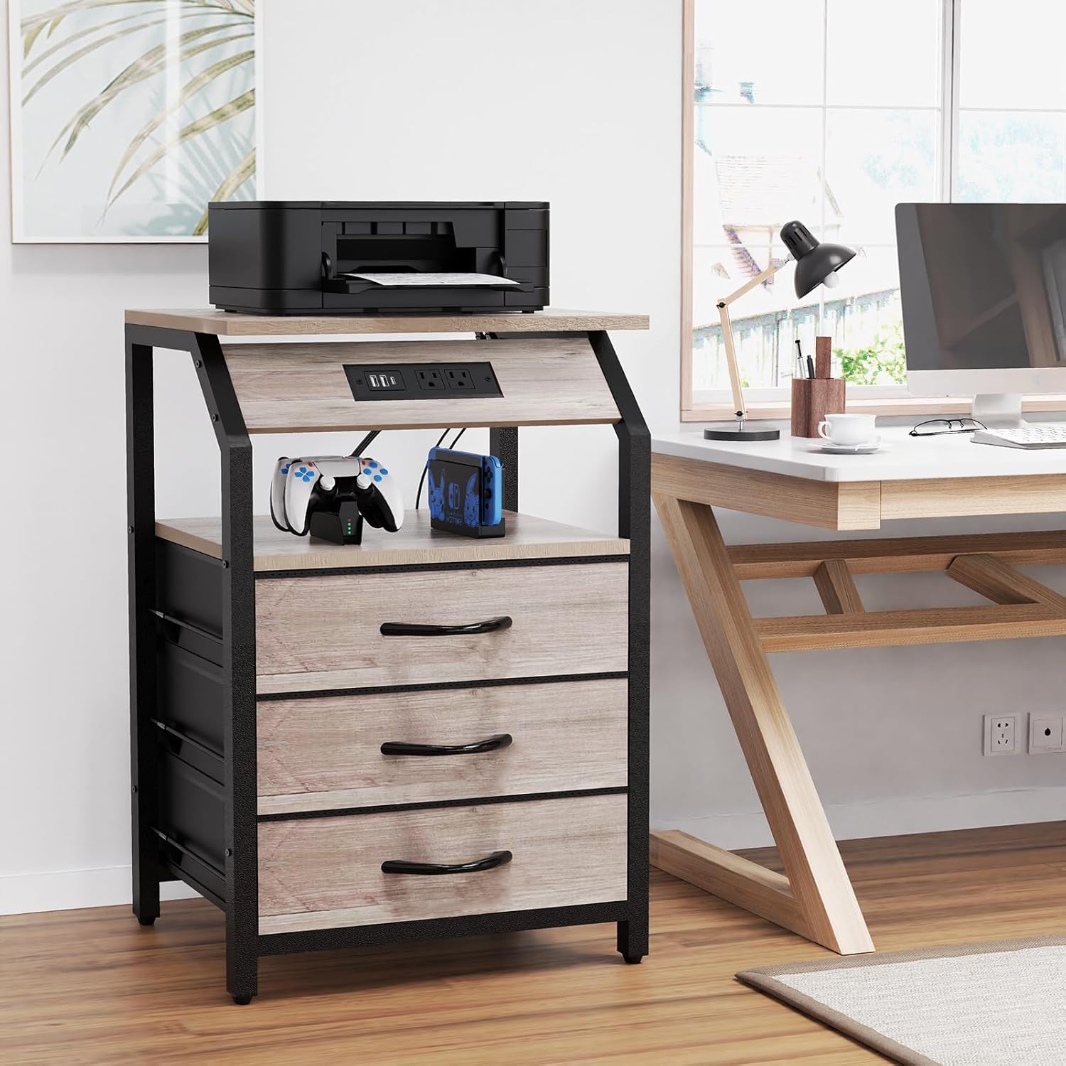 Night Stand Set of 2, Nightstands with Charger Station and LED Lights, End Tables Set with 3 Fabric Drawers, Storage Side Tables for Bedside, Living Room, Greige