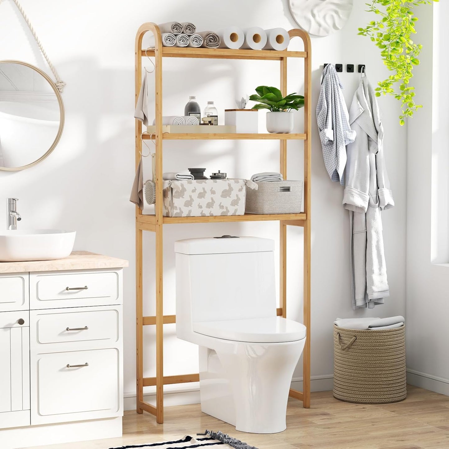 over the Toilet Storage, 3-Tier Bamboo Toilet Rack with 5-Position Shelves, 3 Hooks, Adjustable Bottom Bar, Freestanding Bathroom Shelf Organizer for Laundry Room, Space Saver, Natural