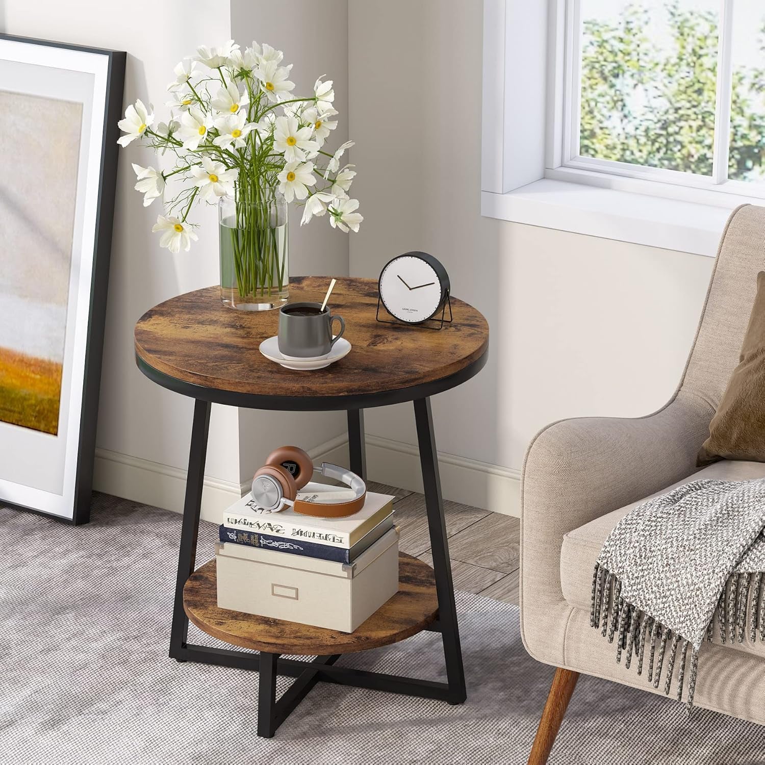 End Table, 2 Tier round Side Table with Storage Shelf, Industrial Nightstand Bedside Table Coffee Accent Table for Living Room Bedroom Small Space, Rustic Brown