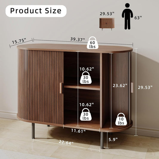 Buffet Sideboard Cabinet with Storage, 40" Fluted Cabinet with Sliding Door & Adjustable Shelf, Modern Accent Coffee Bar Console Table for Kitchen, Entryway, Walnut