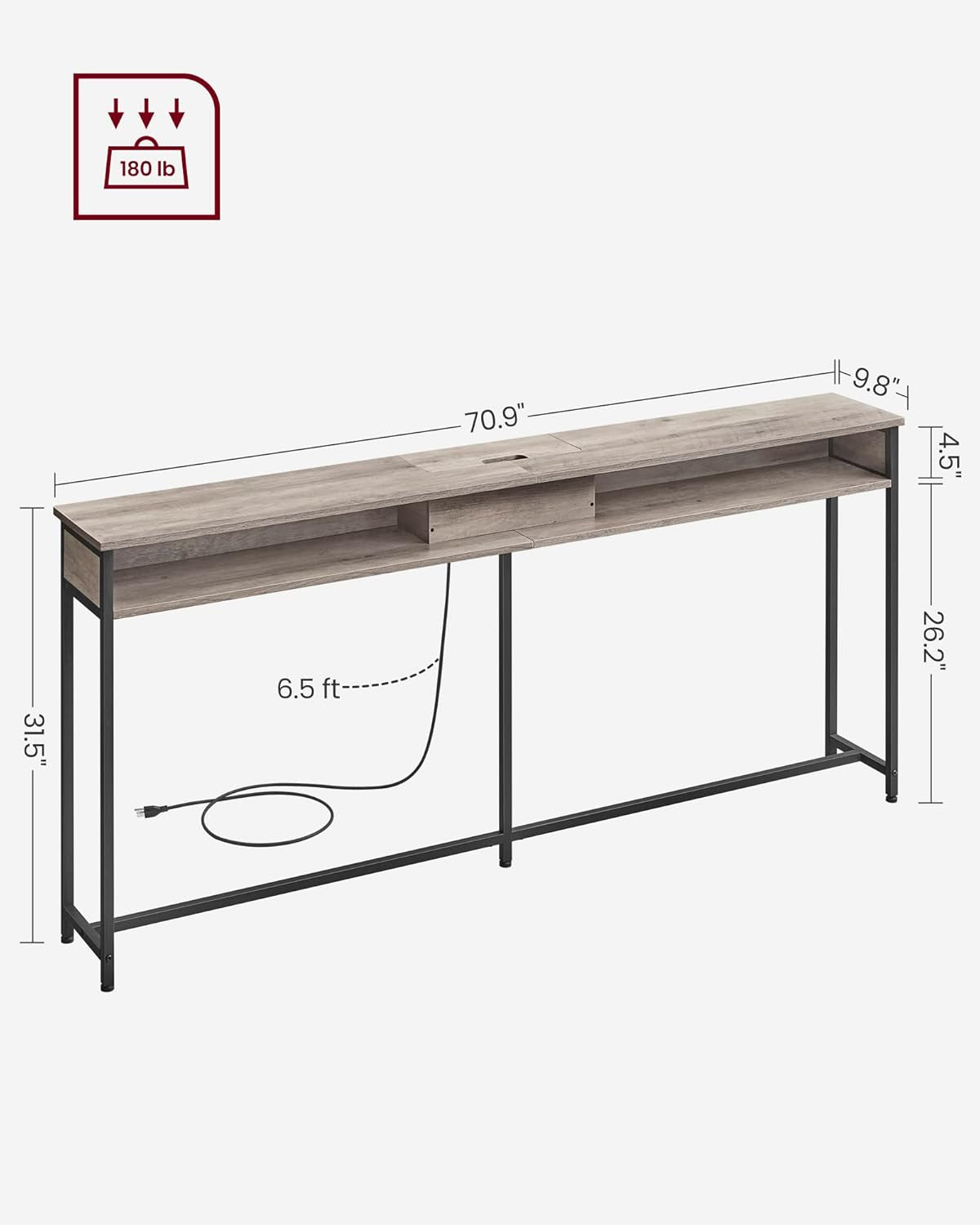55.1-Inch Console Table with Outlet and Shelves, Sofa Table with Charging Station, behind Couch Table Skinny, Entryway Table for Hallway, Living Room, Charcoal Gray and Ink Black ULNT120B22