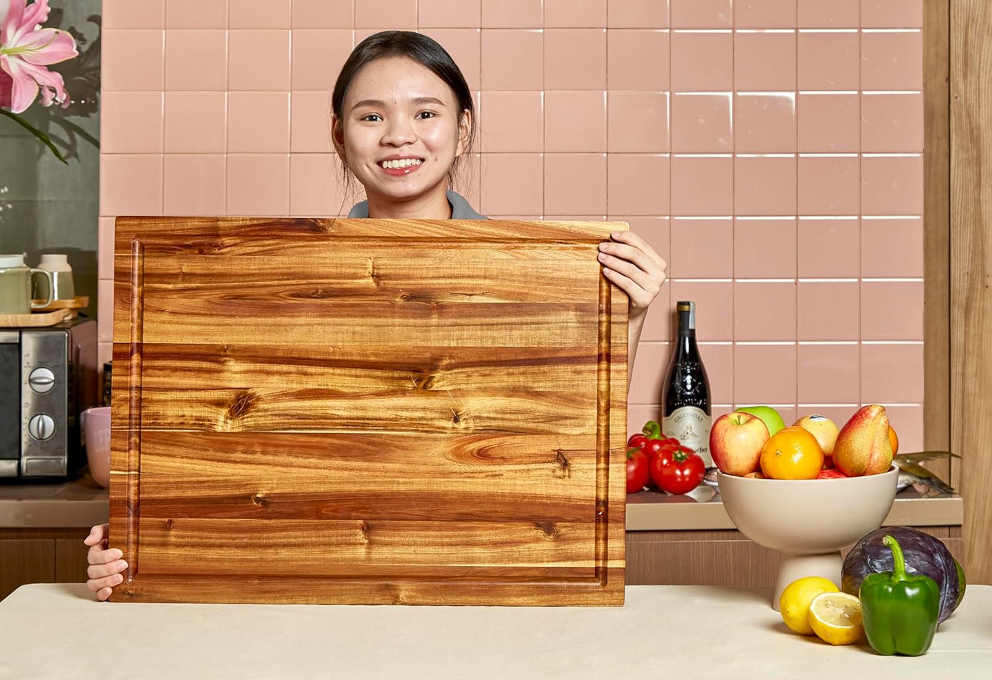Bearchop Acacia Wood Cutting Boards for Kitchen, [24" X 18" X 1.25"] Extra Large Edge Grain Cutting Boards, Solid Acacia Wood Butcher Block Cutting Board with Deep Juice Grooves and Handle