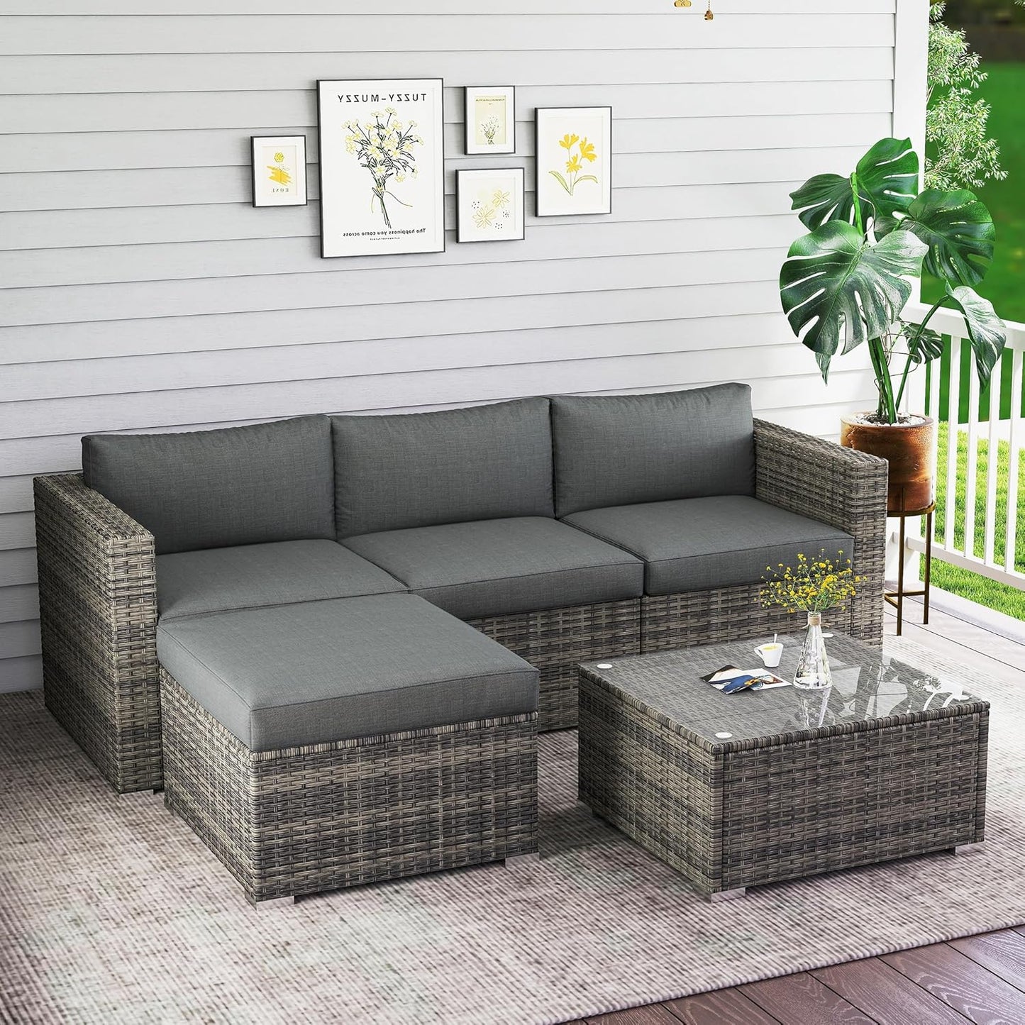 5-Pieces Outdoor Patio Furniture Set, All Weather Wicker Rattan Sectional Sofa, Patio Conversation Set with Cushions & Glass Coffee Table for Backyard Porch Garden Balcony, Grey