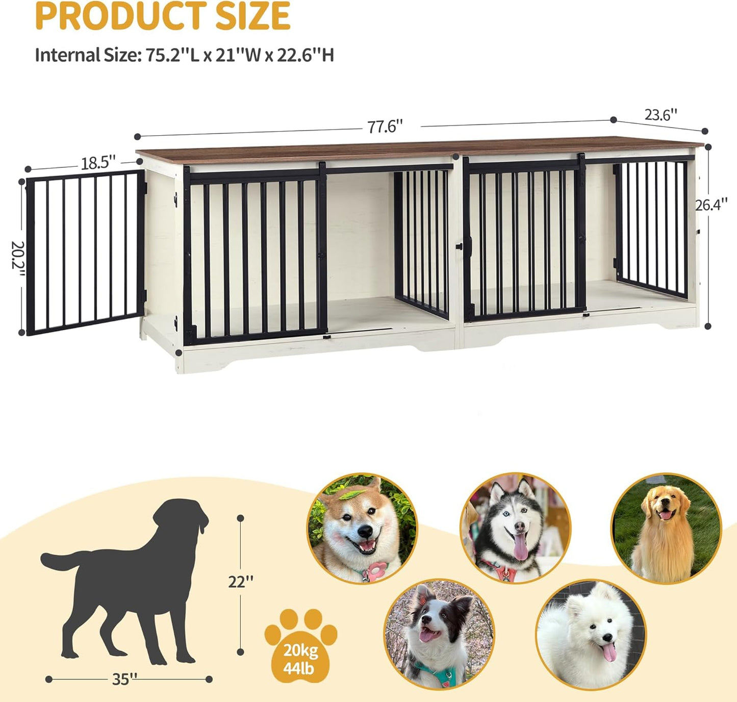 78" Dog Crate Furniture for 2 Dogs, Double Dog Cage with Divider, Wooden Heavy Duty Dogs Kennel, Pet Cage with Barn Door, TV Stand for Large Small Medium Dogs, White Brown DFC83714BV1