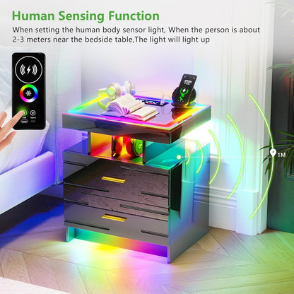 RGB Nightstand with Wireless Charging Station, LED Night Stand with Motion Sensor Lights, Smart Bedside Table with Changing Strip Lights with Remote,High Gloss Side Table/Glass Top (Black)