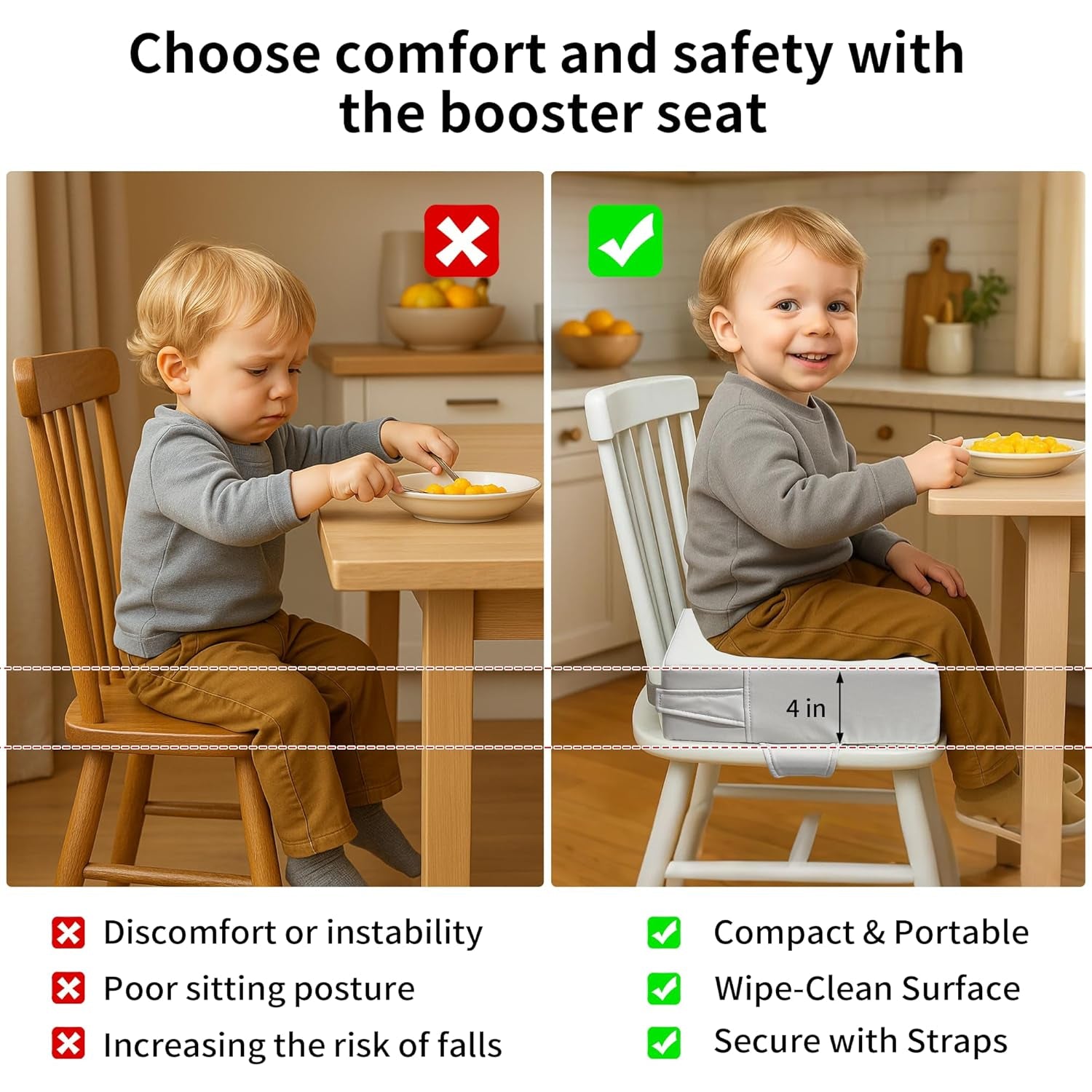 Booster Seat for Kitchen Chair (PU Material),Toddler Booster Seats for Dining Table Portable for Travel Camping Eating Double Safe Straps Non-Slip Bottom (Grey)