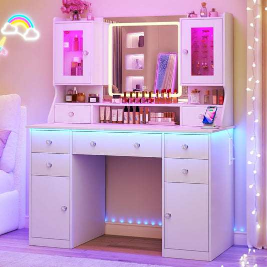 Vanity Desk with Mirror & Lights, 42‘’ Large Makeup Vanity with 2 RGB Jewelry Cabinets & 7 Drawers, White Vanity Table Set with Charging Station, Dressing Table with Lights Desk, 3 Light Modes