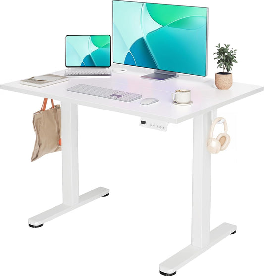 Electric Standing Desk Adjustable Height, 40 X 24 Inches Stand up Desk with Cable Management, Home Office Desks with Splice Board & White Frame, White Top