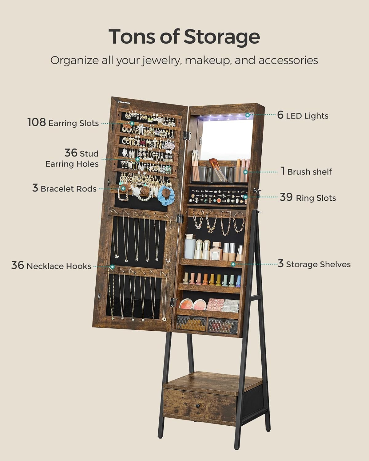LED Cabinet Standing, Lockable Jewelry Armoire with Full-Length Mirror, Space-Saving Jewelry Organizer with Mirror, Bottom Drawer and Shelf, Gift Idea, Rustic Brown UJJC025X01