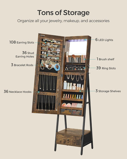LED Cabinet Standing, Lockable Jewelry Armoire with Full-Length Mirror, Space-Saving Jewelry Organizer with Mirror, Bottom Drawer and Shelf, Gift Idea, Rustic Brown UJJC025X01