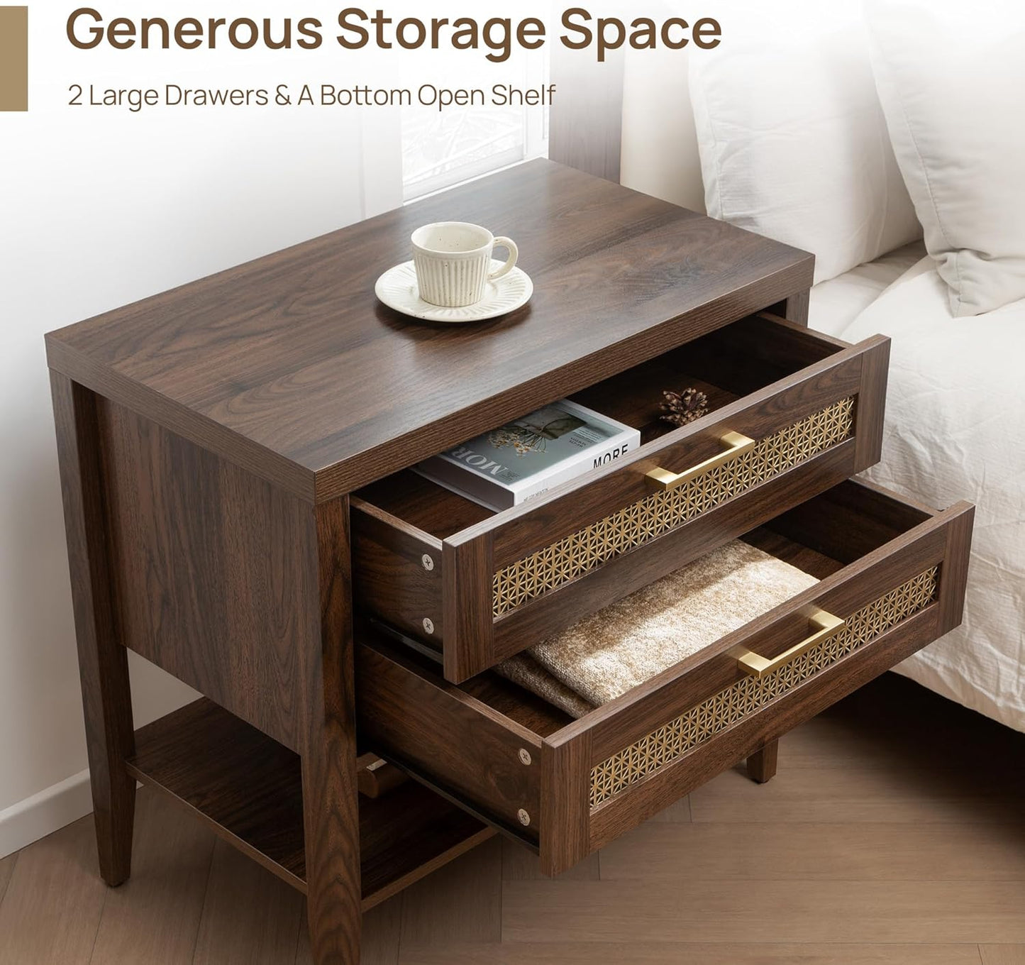 Night Stand Set 2 - Large Nightstands Sets of 2 with Drawers and Shelf, Rustic Bedside Table for Bedroom, Mid Century Modern Nightstand, 25.7" Tall Side End Table (Espresso Walnut, 2 Pieces)