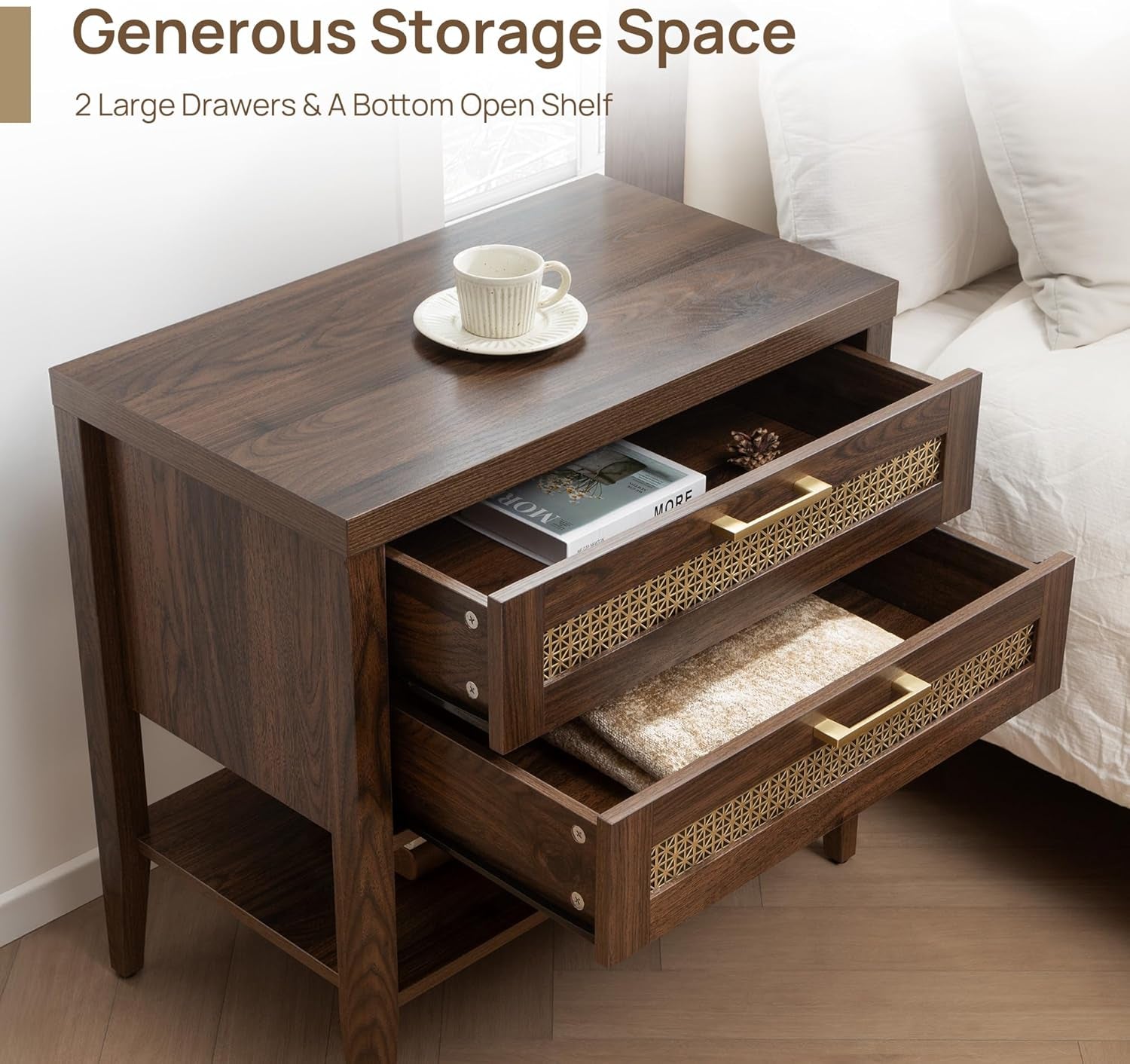 Night Stand Set 2 - Large Nightstands Sets of 2 with Drawers and Shelf, Rustic Bedside Table for Bedroom, Mid Century Modern Nightstand, 25.7" Tall Side End Table (Espresso Walnut, 2 Pieces)