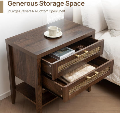Night Stand Set 2 - Large Nightstands Sets of 2 with Drawers and Shelf, Rustic Bedside Table for Bedroom, Mid Century Modern Nightstand, 25.7" Tall Side End Table (Espresso Walnut, 2 Pieces)