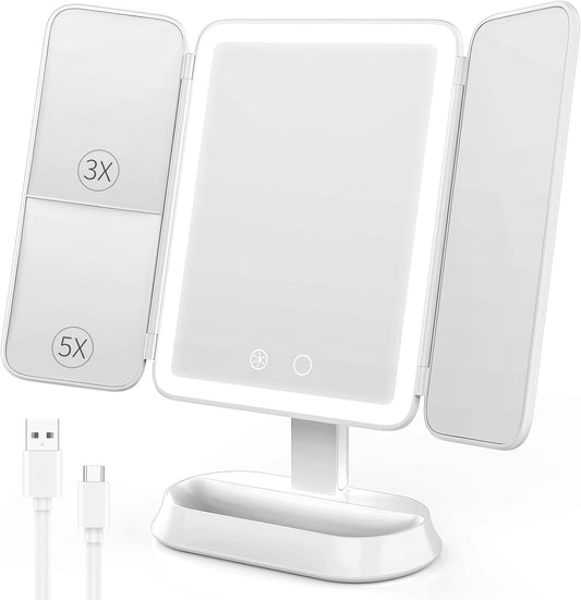 Vanity Mirror with Lights - Rechargeable Lighted Makeup Mirror | 1X/3X/5X Magnification, Smart Touch, 3 Colors Dimmable | Portable Trifold Mirror for Travel for Women and Girls