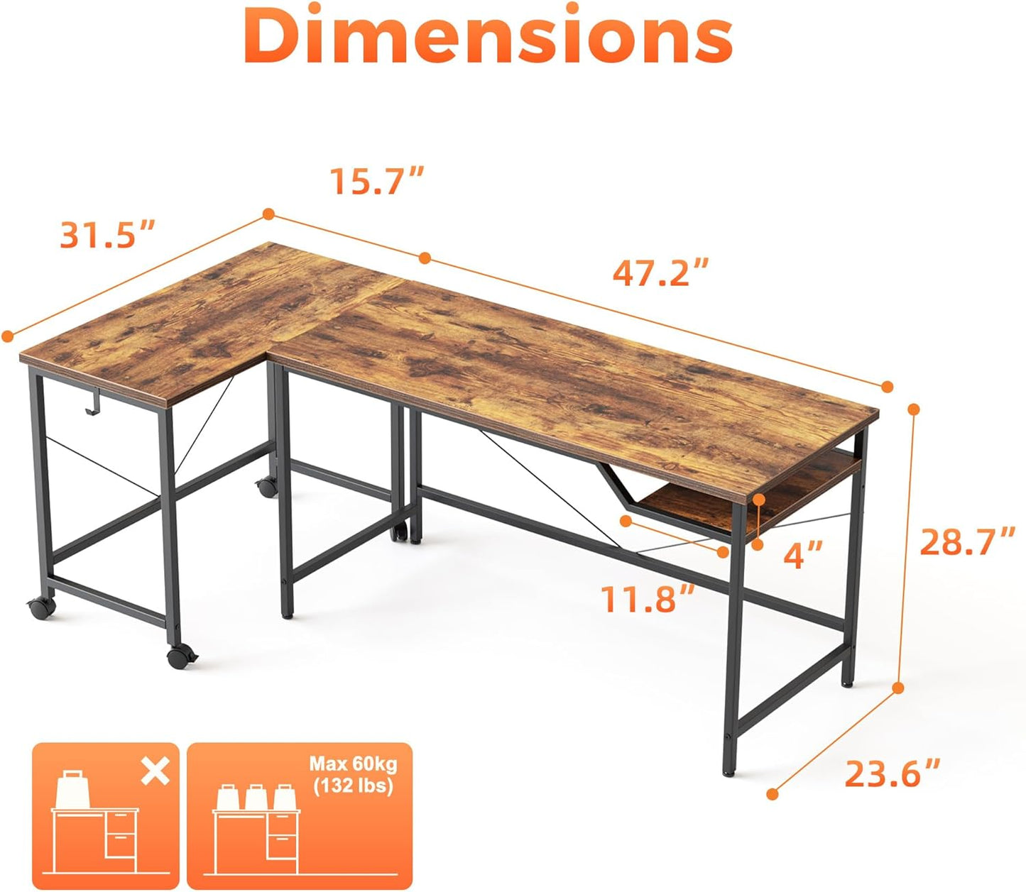 L Shaped Desk, Corner Computer Desk with Storage Shelves, Large Home Office Gaming Desk, Spacious Workstation for Gaming & Work, Rustic Brown (Rustic Brown)