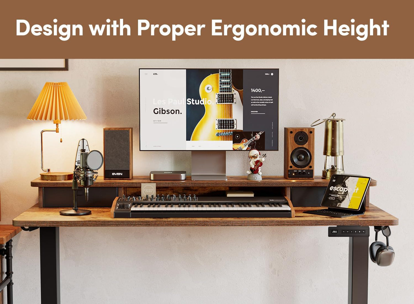 48 X 24 Inch Electric Height Adjustable Standing Desk with Double Drawers, 4 Adjustable Feet & 2 Hooks, Home Office Computer Workstation, Rustic Brown