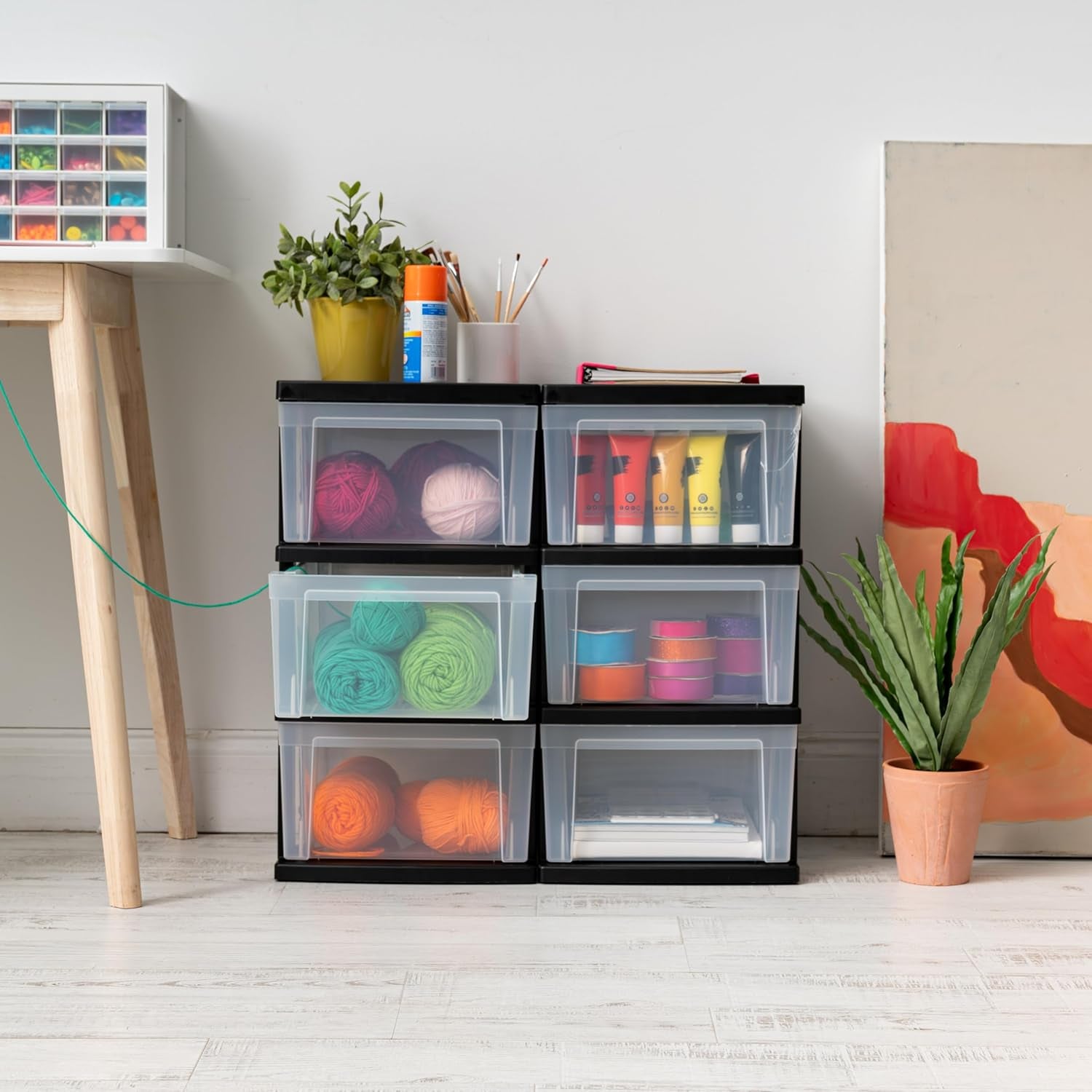3-Drawer Plastic Storage Dresser, 2-Pack, Standing Organizer Storage Container Bin with Drawers for Clothes Crafts Classroom Bedroom Dorm, Black/Clear