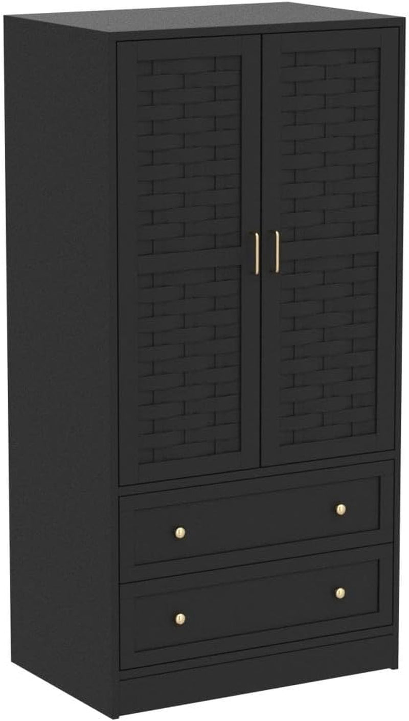 Armoire Wardrobe Closet with 2 Woven Doors, Wardrobe Cabinet with 2 Storage Drawers and Hanging Rail, Freestanding Wooden Closet for Bedroom (Black)