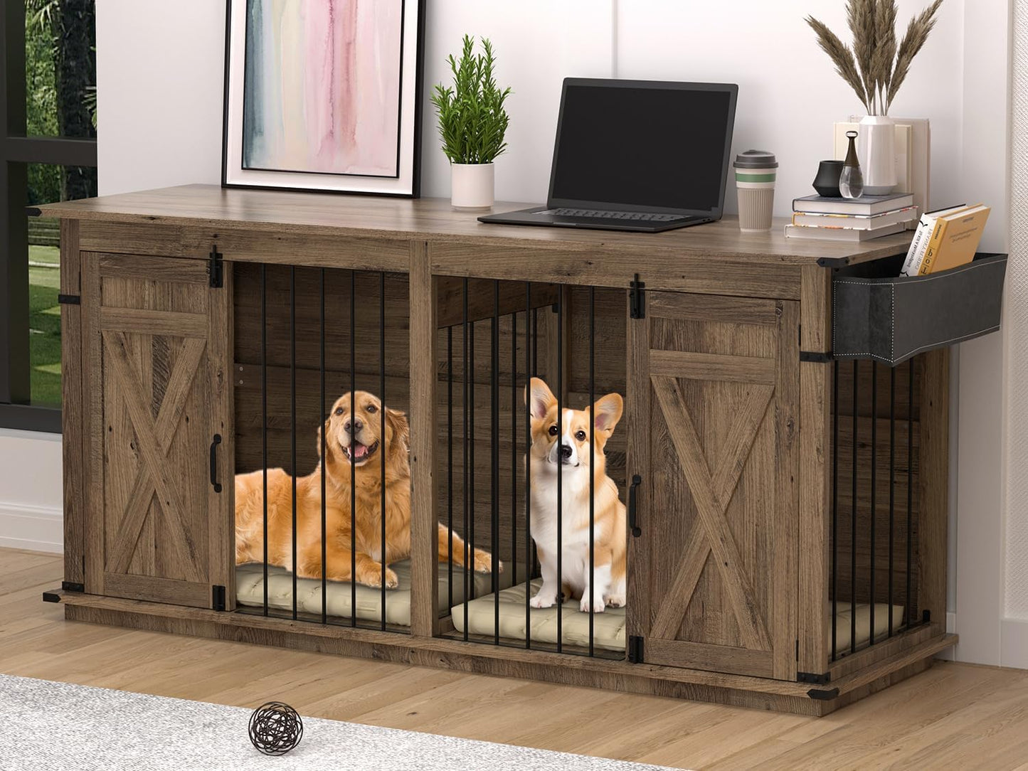 Dog Crate Furniture for 2 Dogs, 72.4" Indoor Large Double Dog Crate, Wooden GOG Kennel Tv Stand with Divider for Medium Large Breed Dogs, Brown