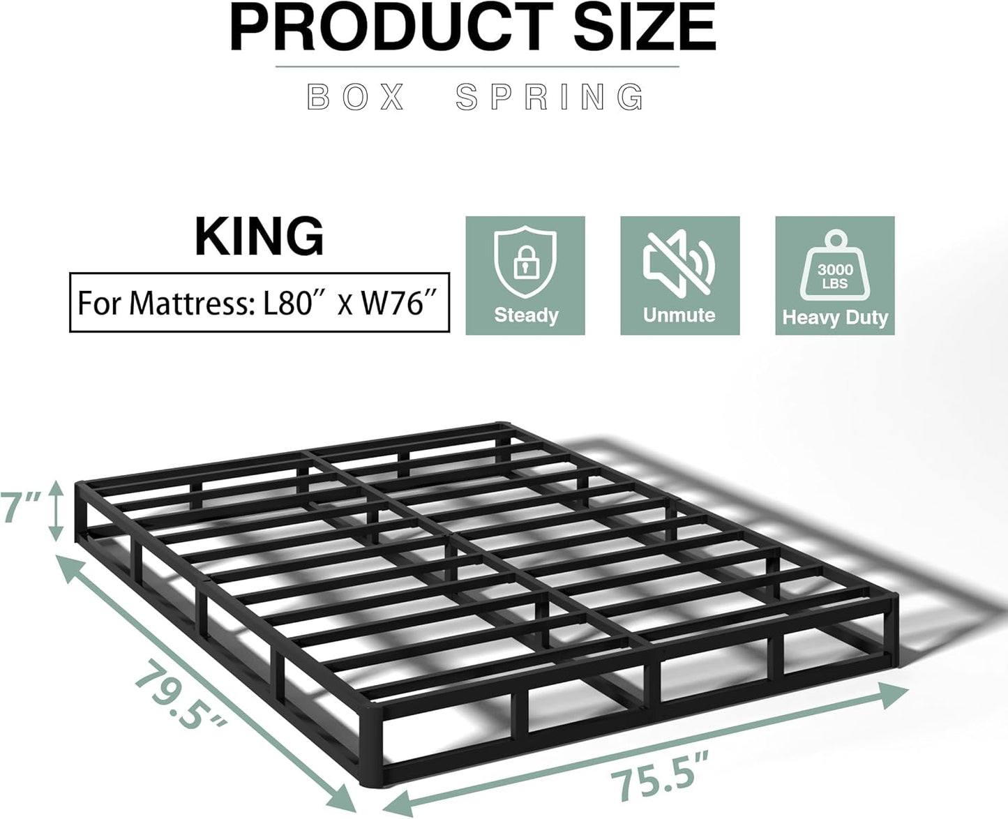 7 Inch King Size Box Spring, Heavy Duty Metal Mattress Foundation, 3000 Lbs Capacity, High Profile, Noise-Free, Easy Assembly with Fabric Cover