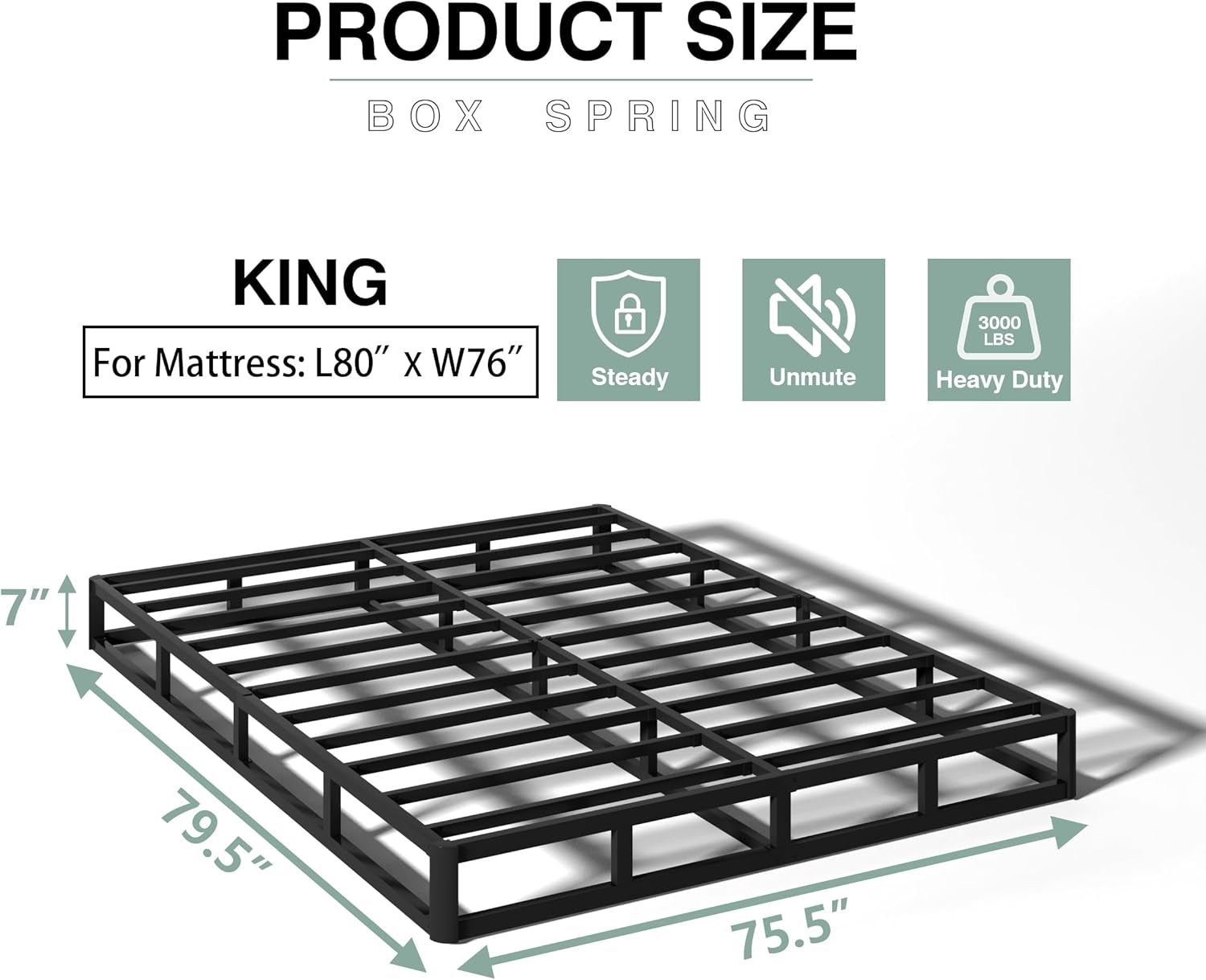 7 Inch King Size Box Spring, Heavy Duty Metal Mattress Foundation, 3000 Lbs Capacity, High Profile, Noise-Free, Easy Assembly with Fabric Cover
