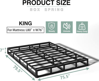 7 Inch King Size Box Spring, Heavy Duty Metal Mattress Foundation, 3000 Lbs Capacity, High Profile, Noise-Free, Easy Assembly with Fabric Cover