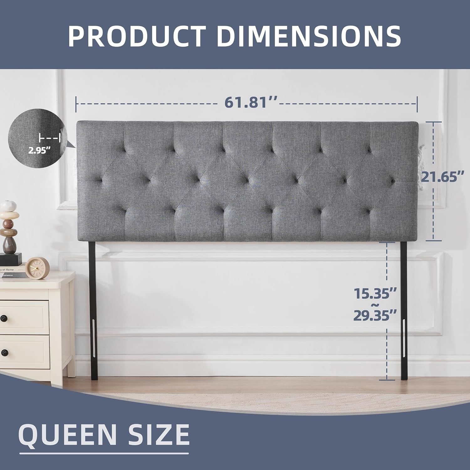 Linen Upholstered Headboard Queen Size, Modern Diamond Tufting Solid Wood Queen Headboard Only, Adjustable Height from 37” to 51” Head Board, Bed Frame or Wall Mount Headboards, Light Grey