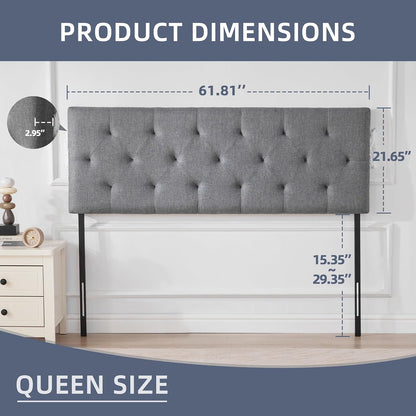 Linen Upholstered Headboard Queen Size, Modern Diamond Tufting Solid Wood Queen Headboard Only, Adjustable Height from 37” to 51” Head Board, Bed Frame or Wall Mount Headboards, Light Grey