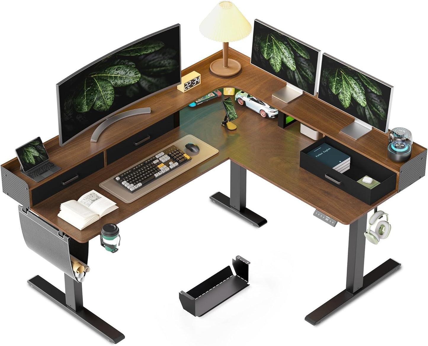 63 Inches Height Adjustable L Shaped Standing Desk with 3 Drawers and Monitor Shelf, Electric Sit to Stand Home Office Comupter Table, Ergonomic Corner Gaming Desk, Black Walnut