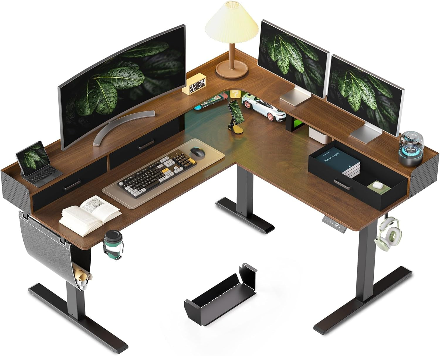 63 Inches Height Adjustable L Shaped Standing Desk with 3 Drawers and Monitor Shelf, Electric Sit to Stand Home Office Comupter Table, Ergonomic Corner Gaming Desk, Black Walnut