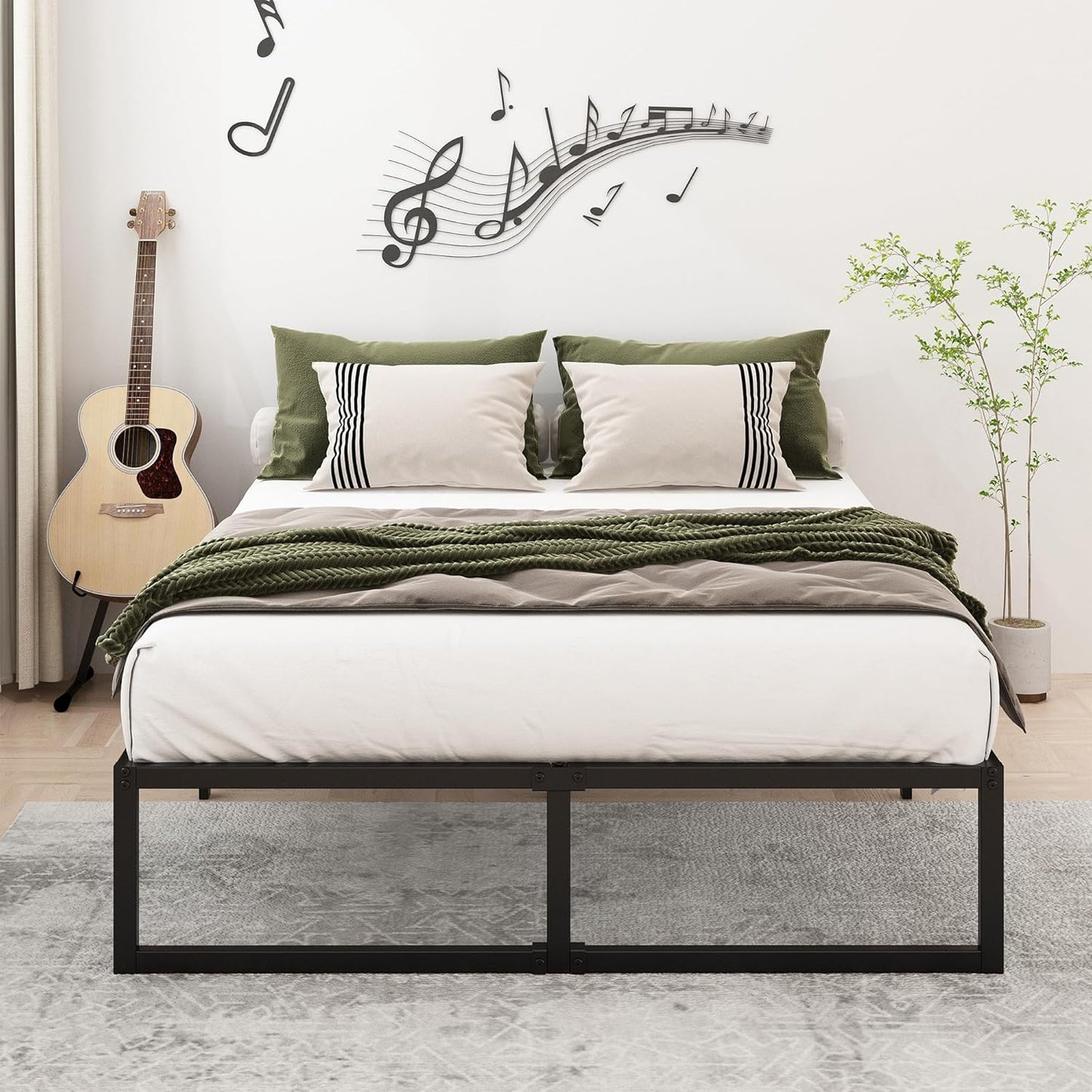 14 Inch Queen Bed Frame Heavy Duty Steel Slat Support Metal Platform Bed Frame Queen Size No Box Spring Needed, Easy Assembly, Black