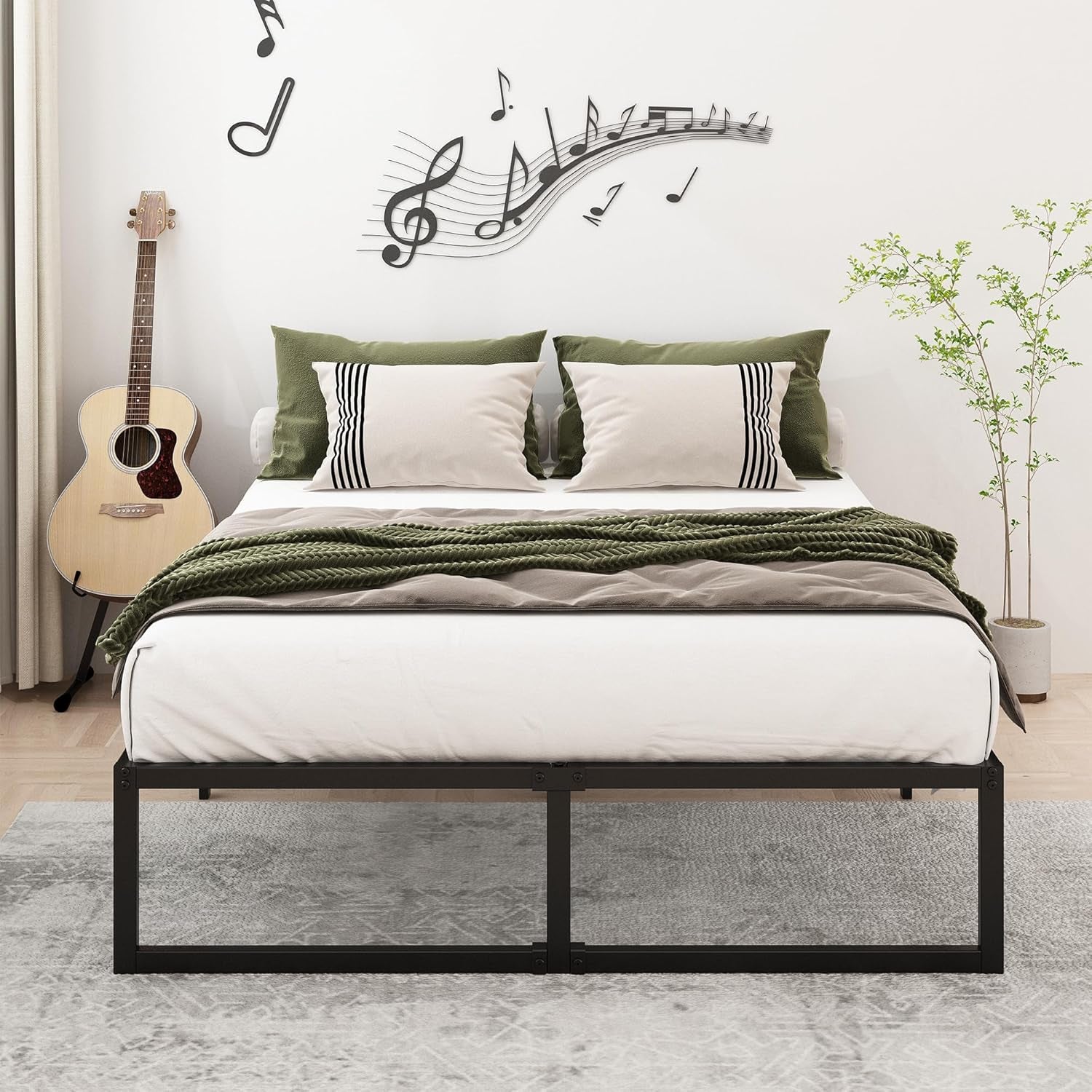 14 Inch Queen Bed Frame Heavy Duty Steel Slat Support Metal Platform Bed Frame Queen Size No Box Spring Needed, Easy Assembly, Black