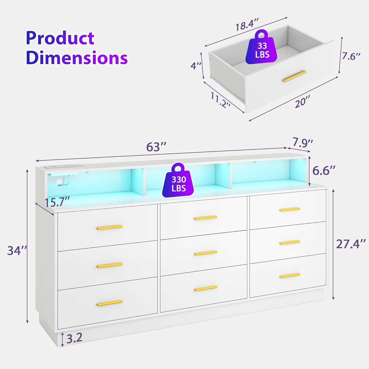 White 9 Drawer Dressers for Bedroom, Modern Large Dresser with LED Light and Power Outlet, Wooden Long Dresser for Bedroom, Entryway, Hallway