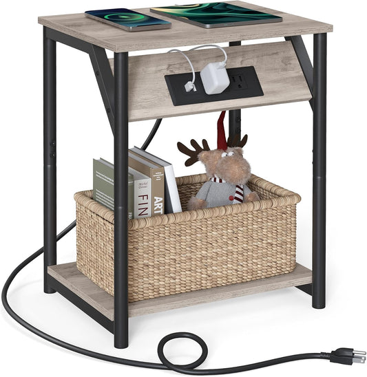 End Table with Charging Station, Small Side Table for Living Room, Bedroom, Nightstand with Outlets and USB Ports, Bedside Table with Storage Shelf, Heather Greige and Black