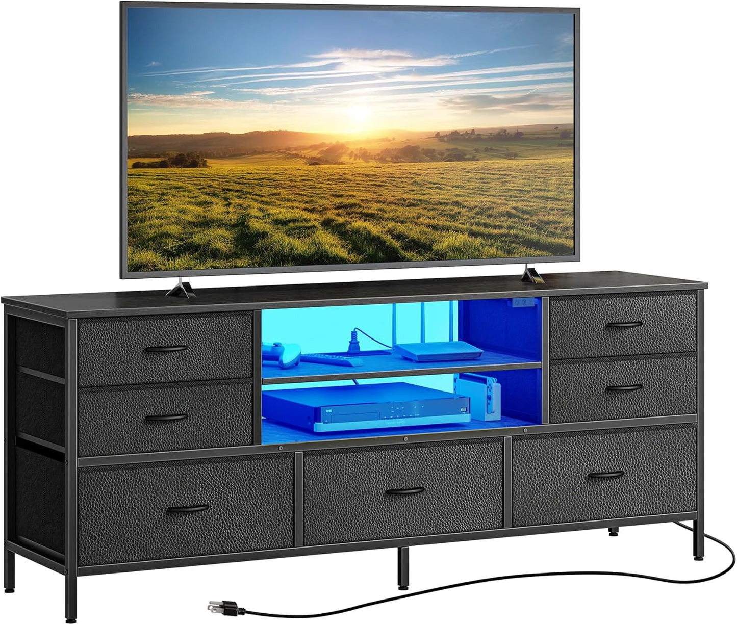 Dresser for Bedroom with Power Outlets and LED Lights, 7 Drawers TV Stand for 60 Inch TV, Console with Open Shelf, 55 Inches Wide Black, PU Leather