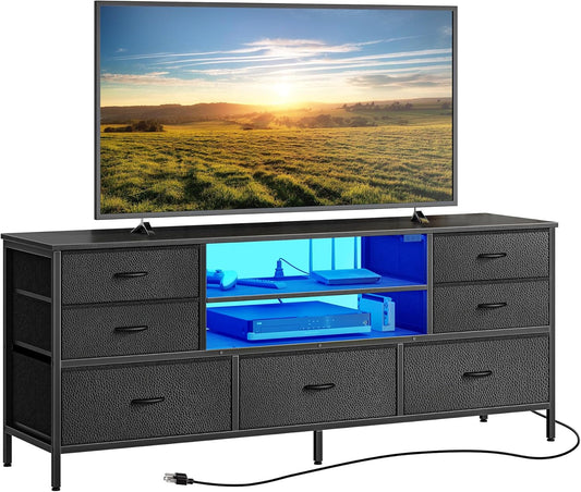 Dresser for Bedroom with Power Outlets and LED Lights, 7 Drawers TV Stand for 60 Inch TV, Console with Open Shelf, 55 Inches Wide Black, PU Leather