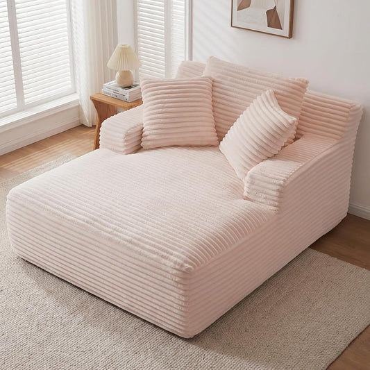 66" Chaise Lounge Chair Indoor, Oversized Boneless Couch Comfy Upholstered Sleeper Sofa Bed with 3 Pillows, Corduroy Cloud Reading Chair for Living Room No Assembly Required, Pink