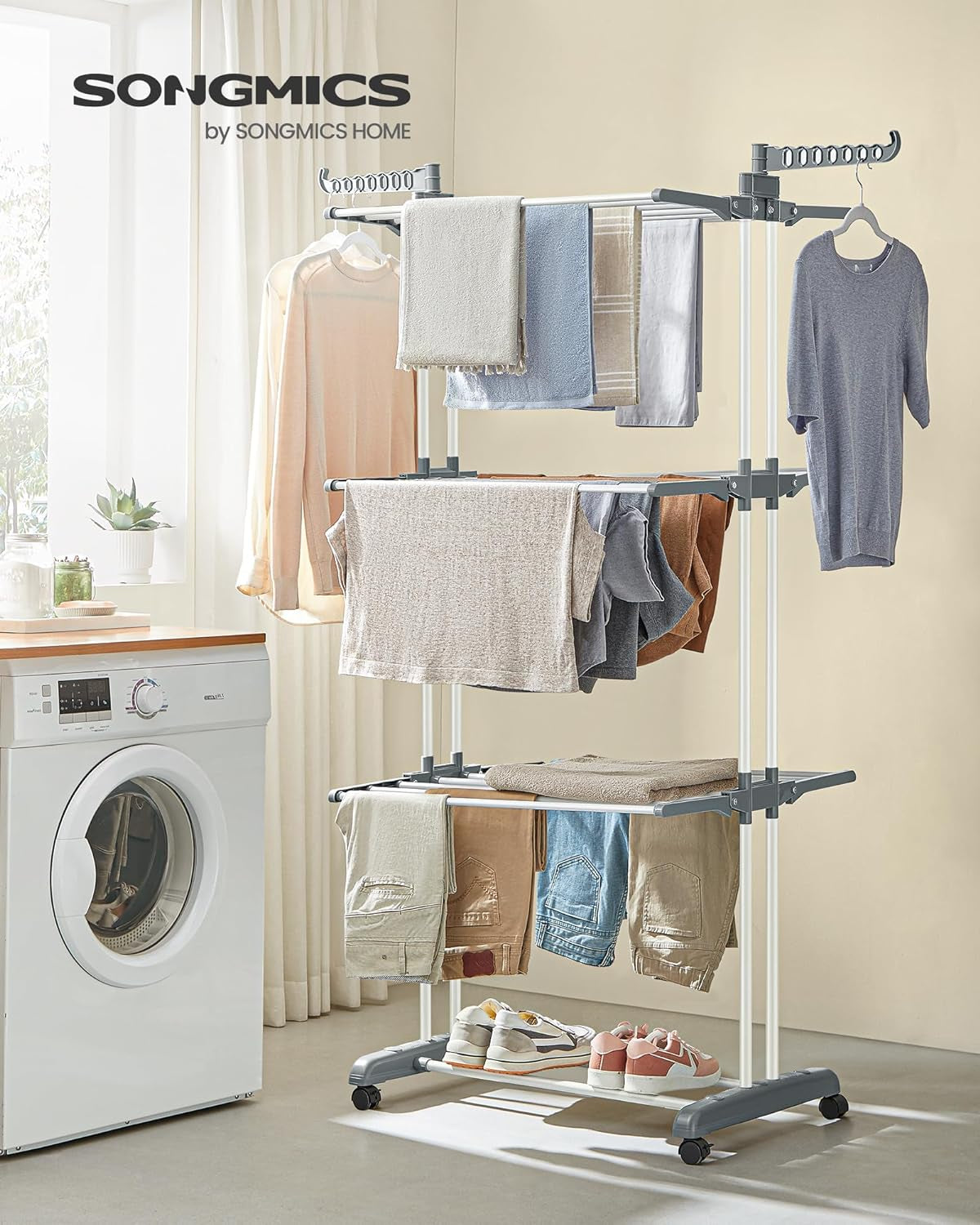 Clothes Drying Rack Stand 4-Tier, Foldable Laundry Drying Rack 68.1-Inch Tall, Steel, Rolling Clothes Horses Dryer Rack, Easy to Assemble, Indoor Outdoor Use, White ULLR701W01