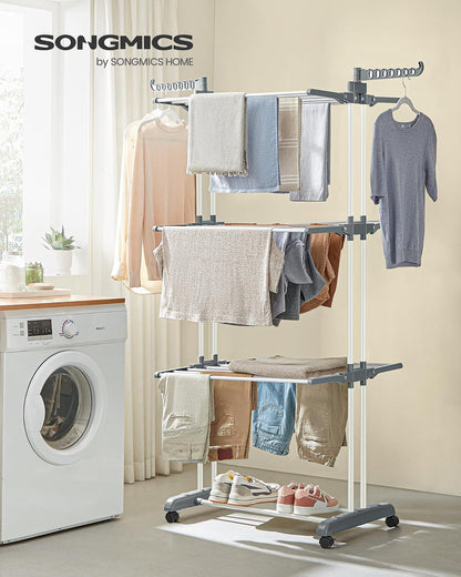 Clothes Drying Rack Stand 4-Tier, Foldable Laundry Drying Rack 68.1-Inch Tall, Steel, Rolling Clothes Horses Dryer Rack, Easy to Assemble, Indoor Outdoor Use, White ULLR701W01
