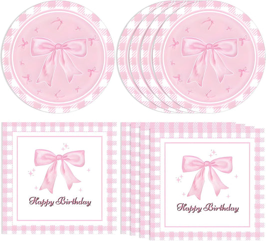 40Pcs Pink Bow Party Supplies Bow Birthday Party Plates and Napkins Pink Bow Party Decorations for Girls Bachelorette Party Bride Engagement Decoration Baby Shower Coquette Cute Supplies