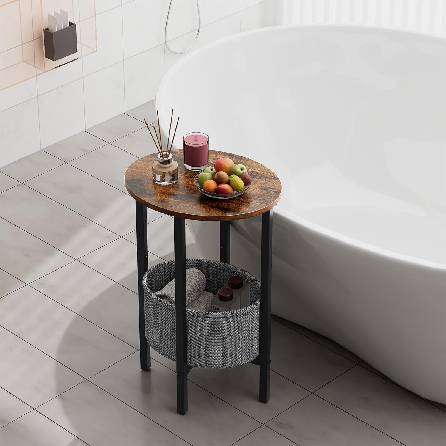 round Side Table End Table with Storage Basket, Small Side Table round Nightstand for Small Spaces, Tall Oval End Table with Steel Frame, Coffee Bedside Table for Living Room, Rustic Brown