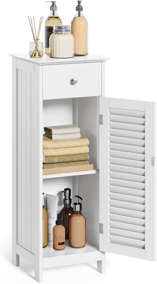 Bathroom Storage Cabinet, Small Slim Bathroom Floor Cabinet with Drawer and Shutter Door, for Living Room, Bedroom, 11.8 X 12.6 X 34.3 Inches, White UBBC43WT