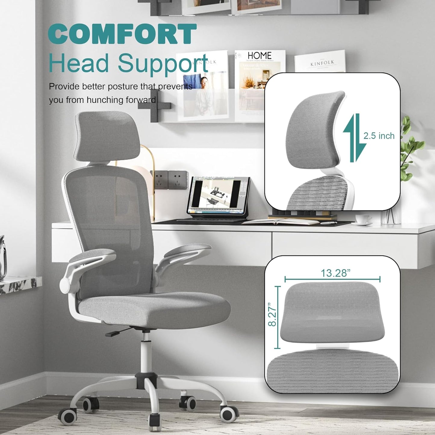 Office Chair, High Back Ergonomic Desk Chair with Adjustable Lumbar Support and Headrest, Swivel Task Chair with Flip-Up Armrests for Guitar Playing