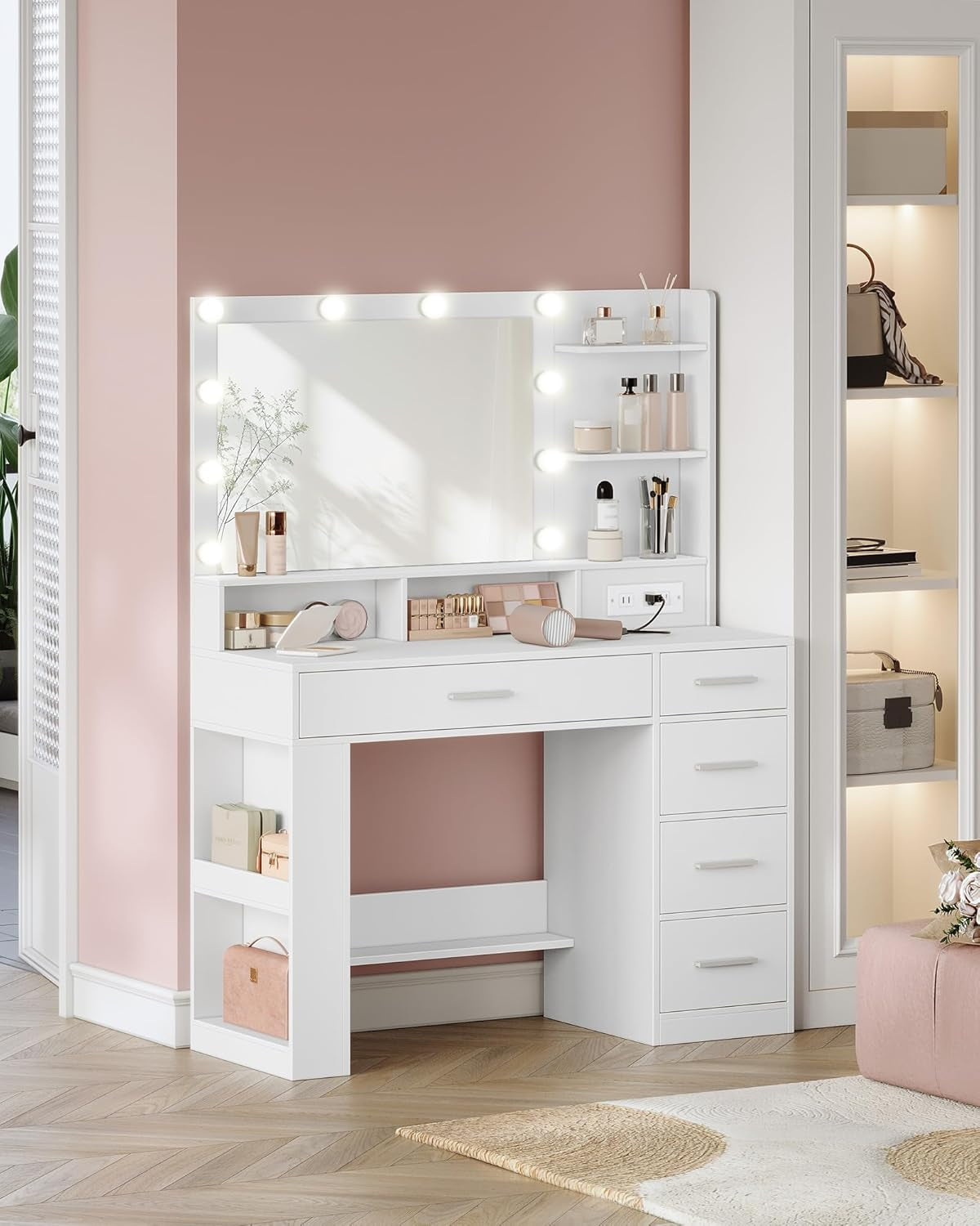 Vanity Desk with Large HD Mirror, Makeup Vanity with Led Lights, Dressing Table with Power Strip, 6 Storage Shelves, 5 Drawers and Side Open Storage, Simple, White WX426HDT